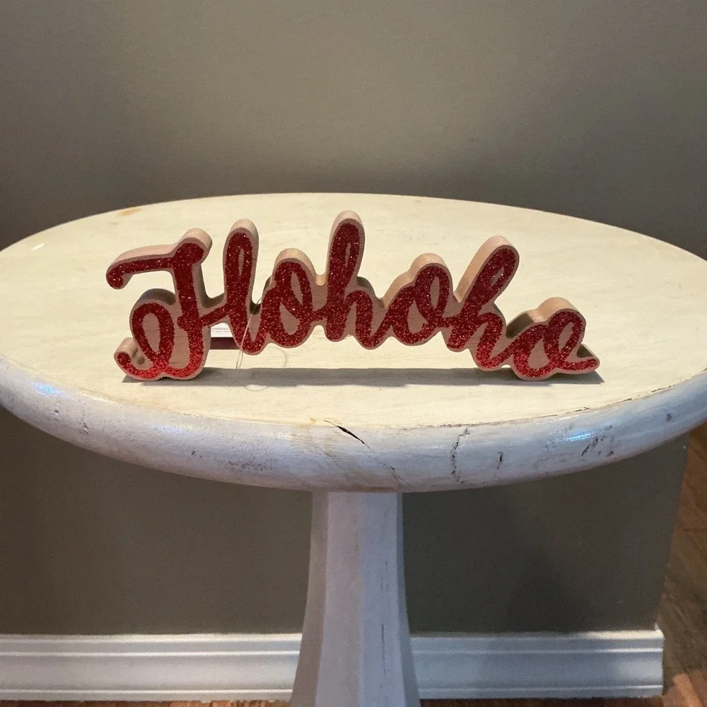 Holiday Style Tabletop Decor Ho ho‎ ho Red Glitter Wood Sign Christmas Accent
